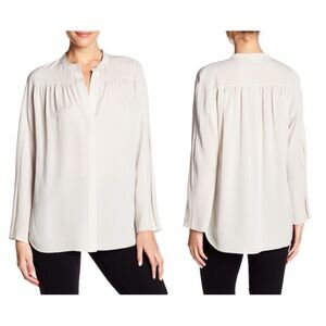 Vince Grey Shirred Silk Split Crew Neck Collar Blouse S